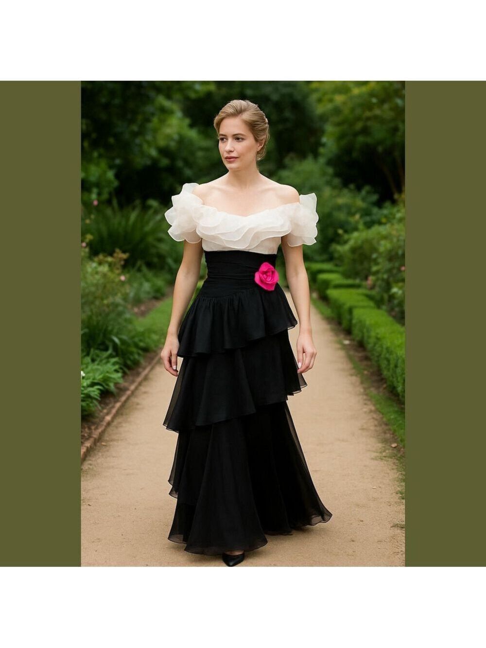 80s EUGENE ALEXANDER CHIFFON BLACK & WHITE RUFFLE BODICE ANGLE TIERED MAXI DRESS